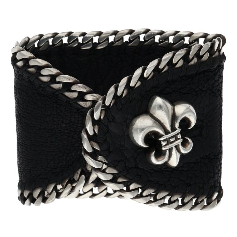 クロムハーツ Chrome Hearts　 LTHR PLS BSフレアチェーン レザーブレスレット(ブラック×シルバー 総重量68.12g)【520152】【SS07】【小物】【中古】bb434#rinkan*B