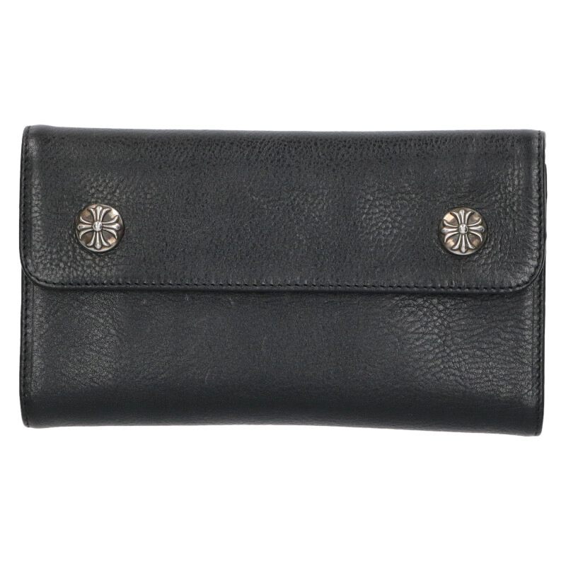 クロムハーツ Chrome Hearts   WAVE CROSS BALL 縮くれる クロスボールボタンレザーウォレット銭入れ(黒いこと×しろがね色)【720152】【NO05】【小物】【中古】bb17#rinkan*S
