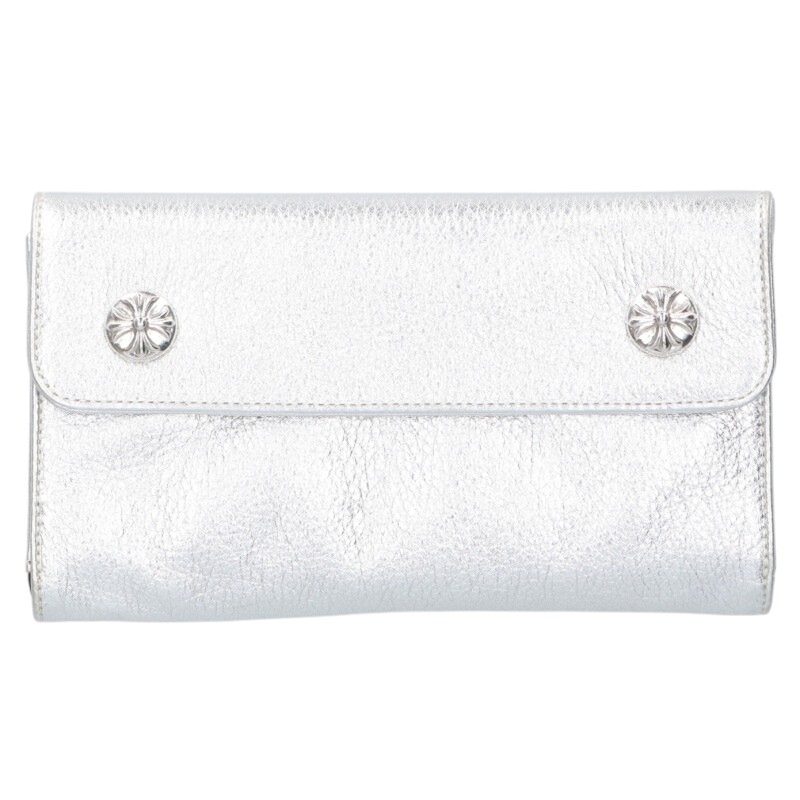 クロムハーツ Chrome Hearts   WAVE CROSS BALL 縮くれる クロスボールボタンレザーウォレット金入れ(しろがね色)【030152】【SJ02】【小物】【中古】bb17#rinkan*A