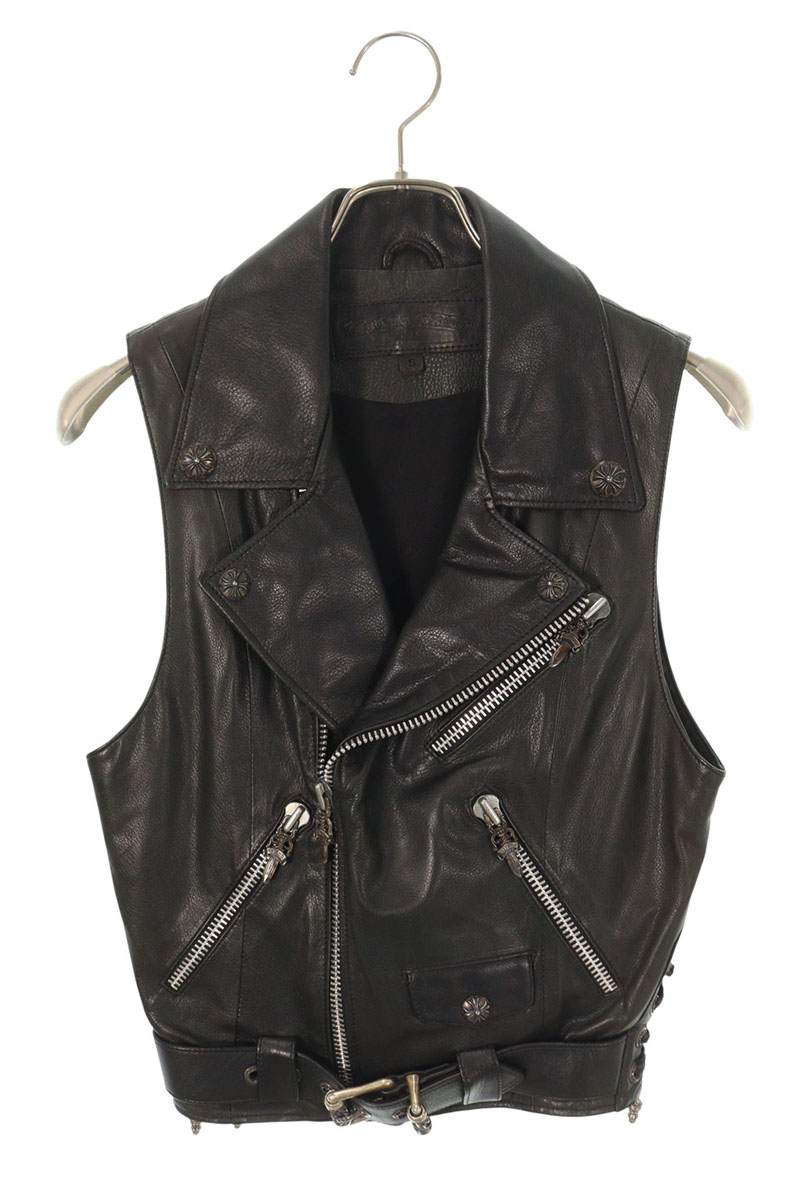 クロムハーツ Chrome Hearts 大きさ:S  JJ DEAN JJディーン ダガージップライダースレザーベスト(黒いこと×しろがね色)【101152】【聞き入れる15】【メンズ】【中古】bb448#rinkan*B