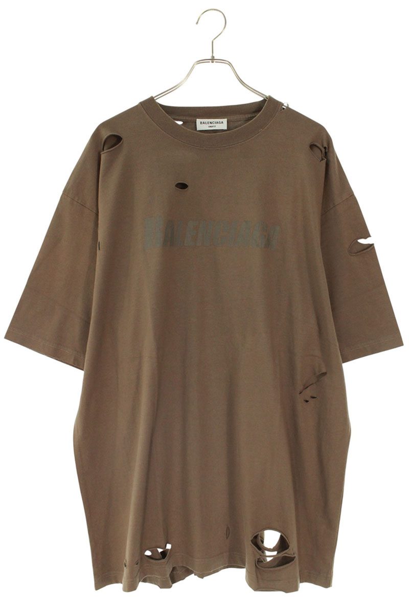 バレンシアガ BALENCIAGA サイズ:S 651795 TKVB8 デストロイ加工ロゴプリントTシャツ(ブラウン)【923062】【FK04】【メンズ】【中古】bb396#rinkan*B