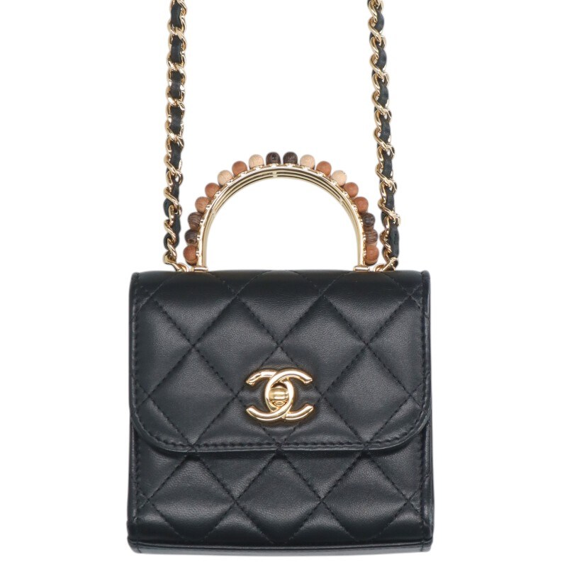 シャネル CHANEL　 ミニマトラッセ ビーズハンドルラムスキンショルダーバッグ(ブラック×ゴールド)【601152】【GZ14】【小物】【中古】bb409#rinkan*A