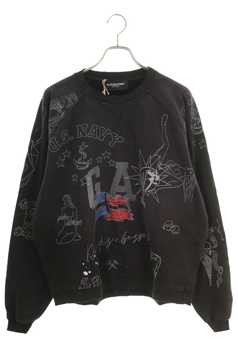 ノーフェイスストゥディオス NO/FAITH STUDIOS 大きさ:1  AUTHENTIC 90s US CREWNECK WASHED OUT オーセンティックウォッシュド産業クルーネックスウェット(黒いこと調)【411152】【BS55】【メンズ】【中古】bb223#rinkan*A