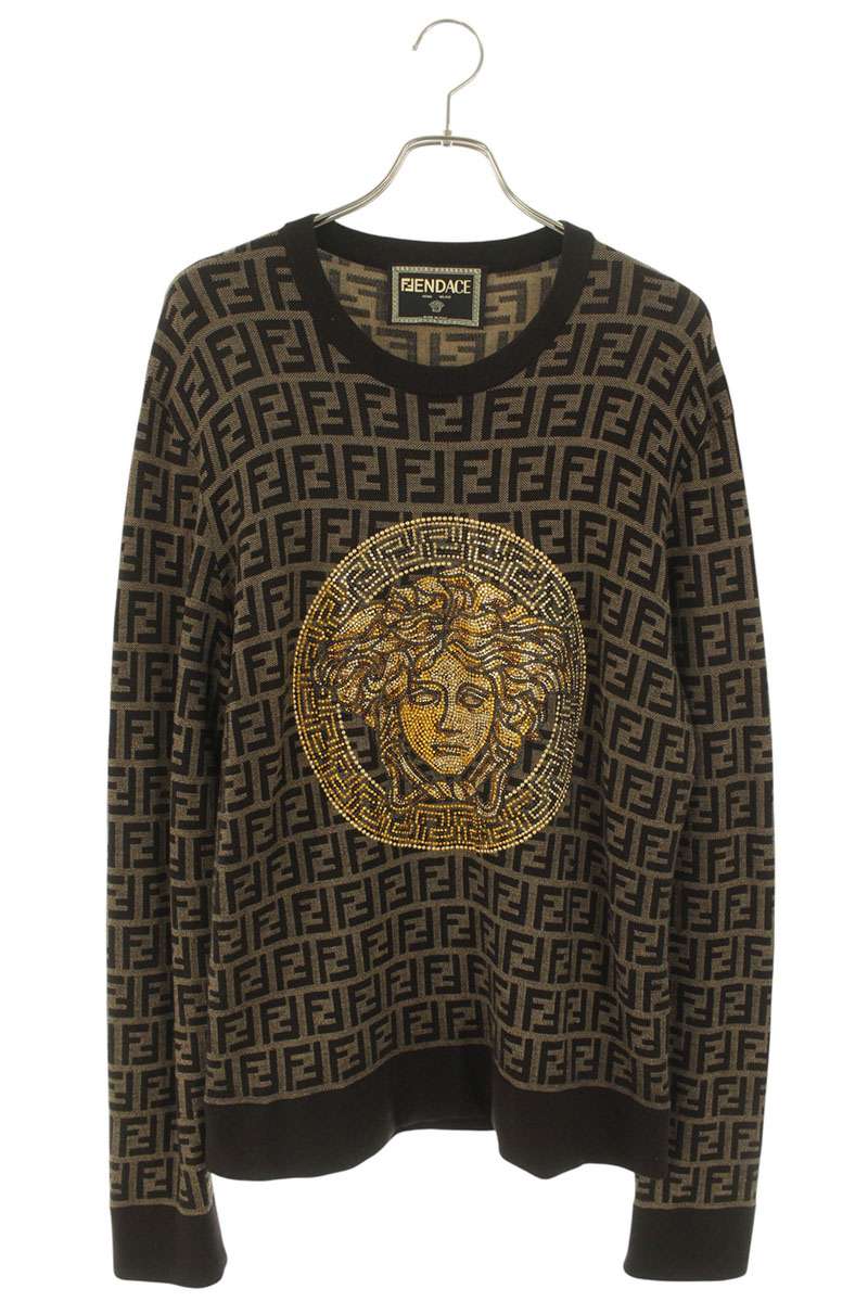 ヴェルサーチェ Versace　&times;フェンディ FENDI サイズ:52 1006108 メデューサビーズ装飾ズッカ柄ニット(ブラウン調&times;ゴールド)【511152】【OM10】【メンズ】【中古】bb466#rinkan*B｜RINKAN