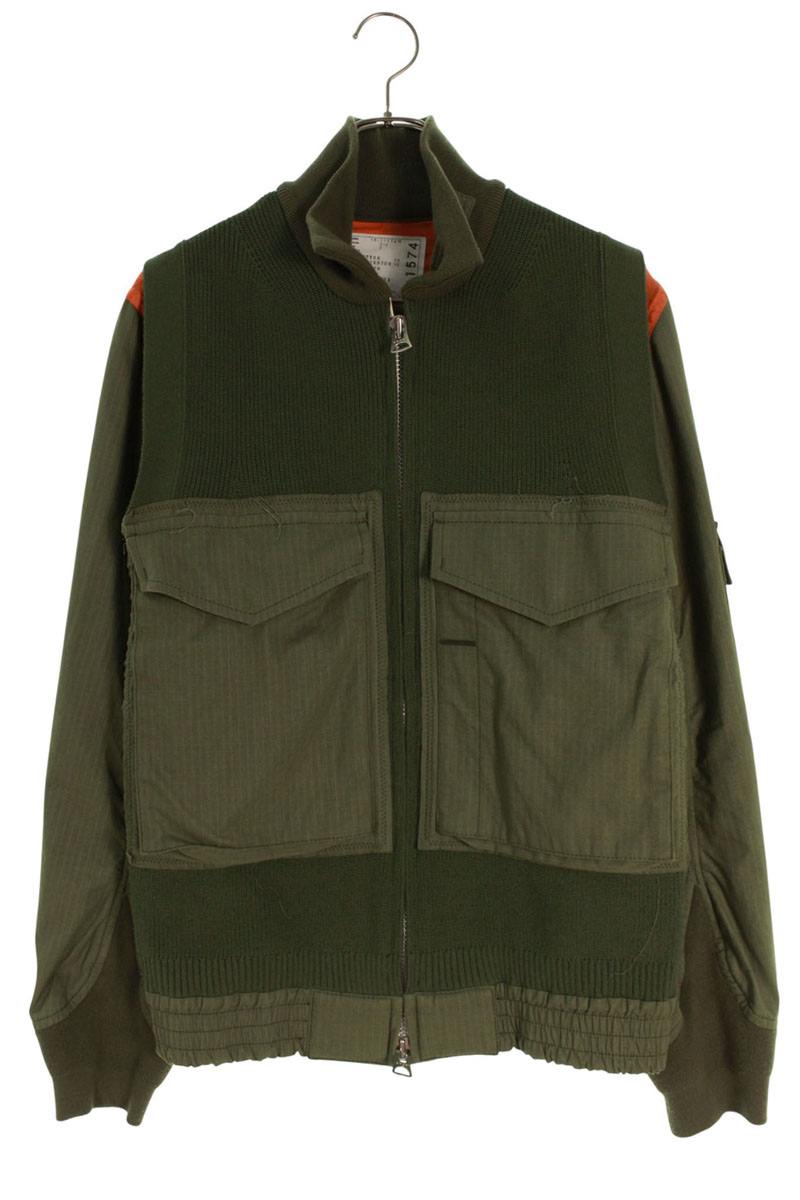 サカイ Sacai　 サイズ:2 18-01574M Sport Knit Jacket ニット切り替えミリタリージップアップブルゾン(カーキ)【911152】【SB01】【メンズ】【中古】bb94#rinkan*B