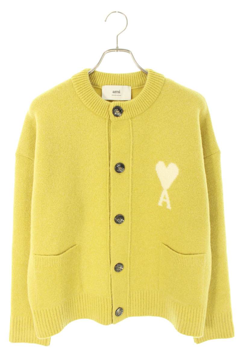 アミアレクサンドルマテュッシ AMI Alexandre Mattiussi　 サイズ:XL 25AW UKC366 ハートA刺繍ノーカラーカーディガン(イエロー調)【021152】【SB01】【メンズ】【新古品】bb78#rinkan*N