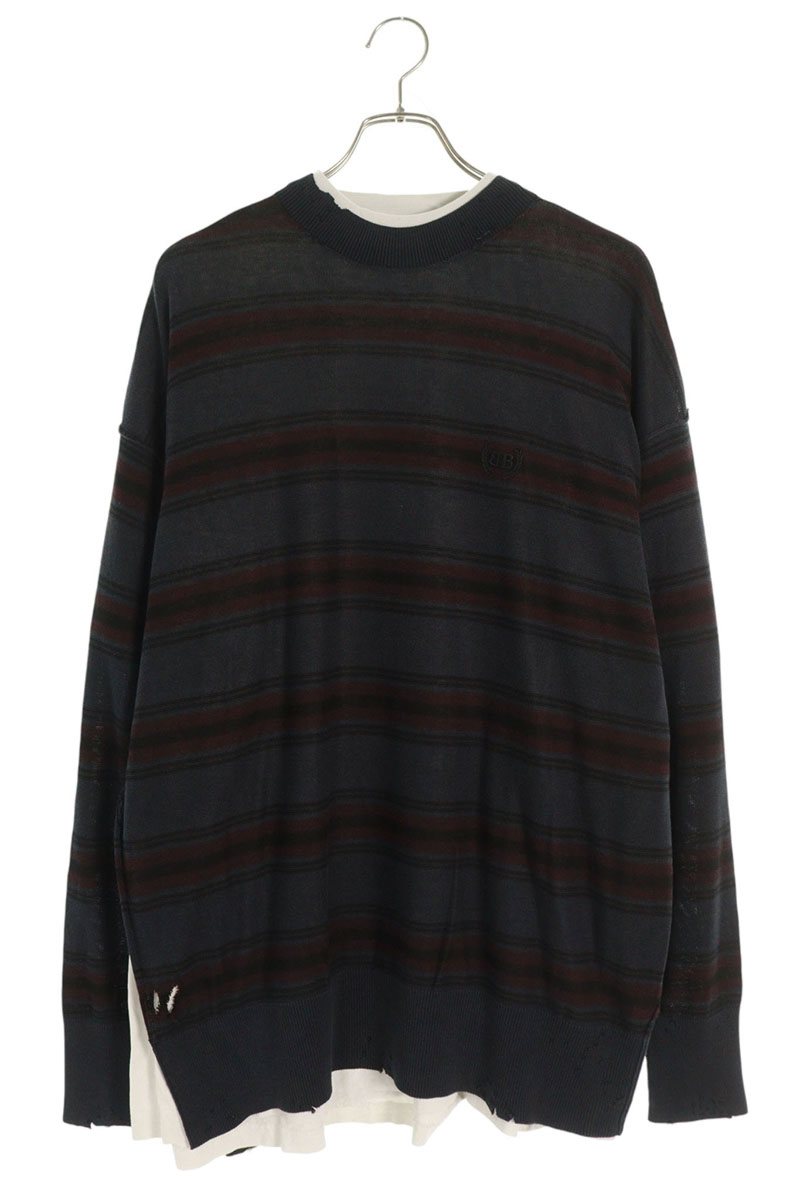 バレンシアガ BALENCIAGA　 サイズ:M 25AW 831101 T3401 レイヤードボーダースウェットニット(チャコールグレー調)【021152】【SB01】【メンズ】【新古品】bb78#rinkan*N 99,825円