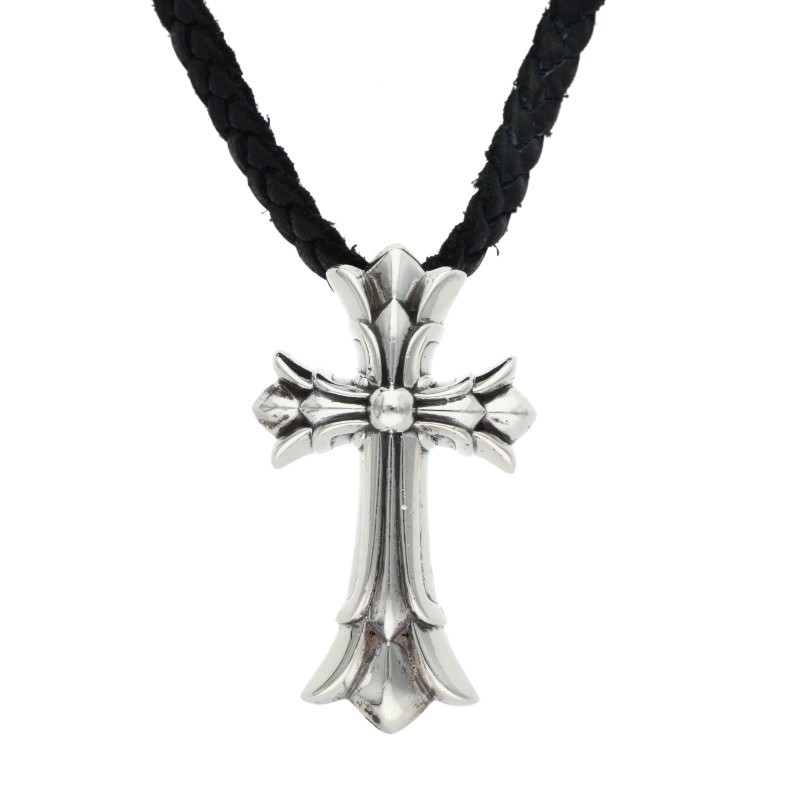 クロムハーツ Chrome Hearts　 DBL CH CRS SML スモールダブルCHクロス wレザーブレイド シルバーネックレス(シルバー 総重量29.5g)【421152】【SJ02】【小物】【中古】bb82#rinkan*B
