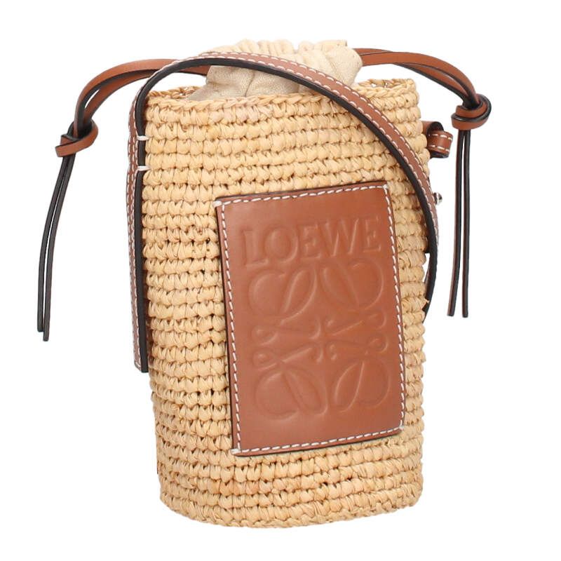 ロエベ LOEWE　 C000P71X01 アナグラムラフィアシリンダーポケットショルダーバッグ(ベージュ×ブラウン)【101062】【BS99】【小物】【中古】bb30#rinkan*B