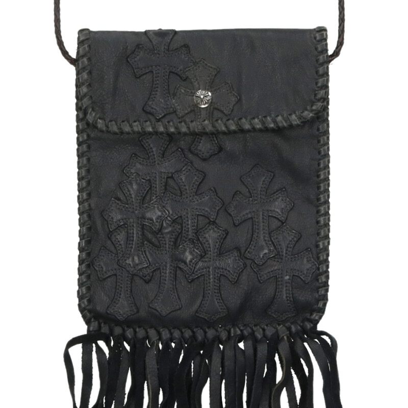 クロムハーツ Chrome Hearts   BAG-FLAT HIPPIE w FRINGE  ヒッピー フリンジかざり付けるなめし革ショルダーバッグ(黒いこと)【502152】【SJ02】【小物】【中古】bb33#rinkan*B