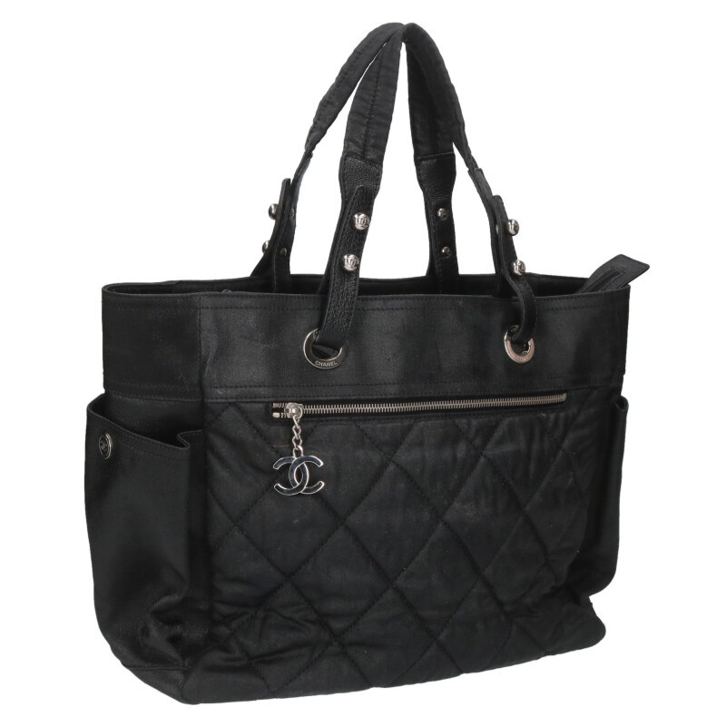 シャネル CHANEL　 サイズ:GM A34210 パリビアリッツGM ココマークコーティングキャンバストートバッグ(ブラック×シルバー)【101062】【BS99】【小物】【中古】bb378#rinkan*B