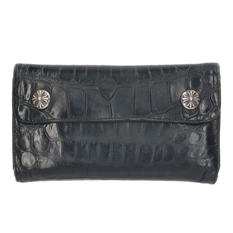 クロムハーツ Chrome Hearts WAVE ALLIGATOR ウェーブアリゲーター クロスボタンアリゲーターレザーウォレット財布(ブラック×シルバー)【212152】【SJ02】【小物】【中古】bb17#rinkan*B