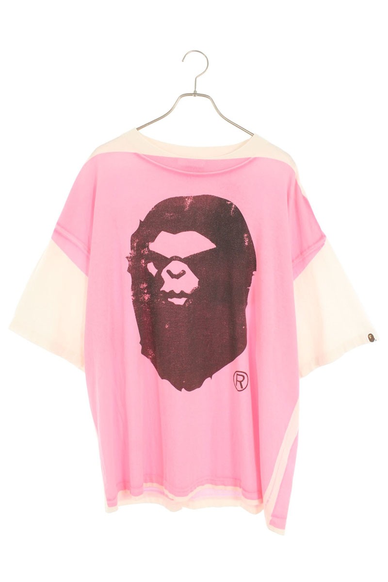 セントマイケル SAINT MICHAEL　 ×アベイシングエイプ A BATHING APE サイズ:XXL SM-HR1-0000-C33 ハンドプリントTシャツ(ピンク×ホワイト)【114062】【OM10】【メンズ】【中古】bb30#rinkan*S