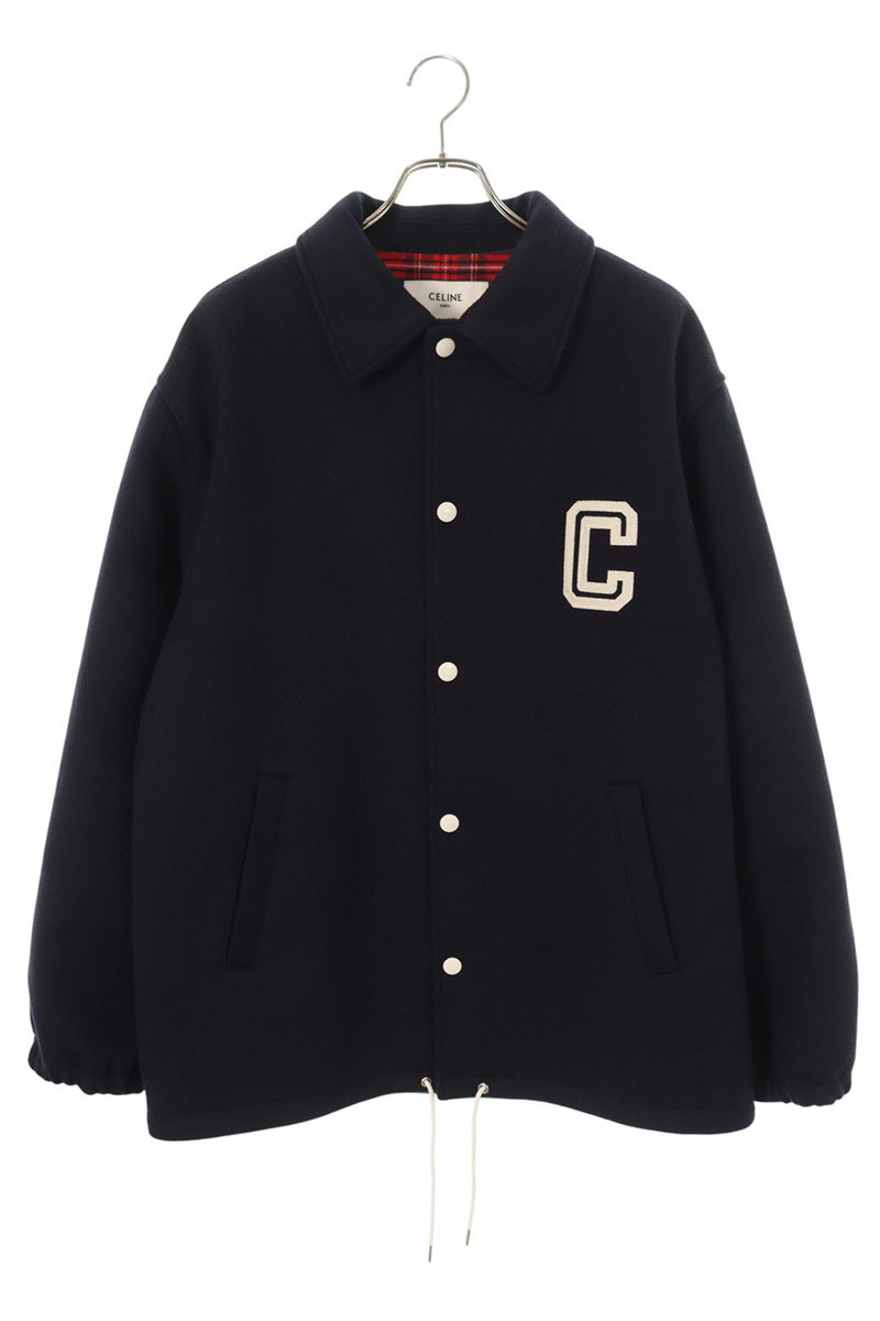 セリーヌ CELINE　 サイズ:50 2W40D1025 裏地チェックダブルフェイスロゴワッペンジャケットブルゾン(ネイビー×レッド調)【812152】【OM10】【メンズ】【中古】bb410#rinkan*B