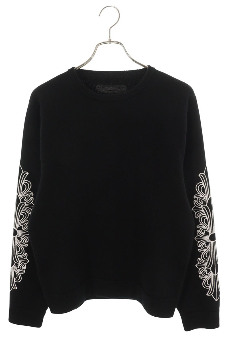 クロムハーツ Chrome Hearts 大きさ:M 袖フローラルクロス刺しゅうクルーネックニット(黒いこと×白いこと)【912152】【os06】【メンズ】【中古】bb450#rinkan*A