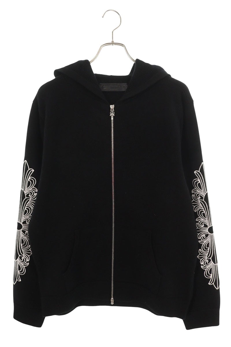 クロムハーツ Chrome Hearts 大いさ:L  U LIFE SENTENCE 袖フローラル刺しゅうカシミアジップアップパーカー(黒いこと×しろがね色)【422152】【GZ11】【メンズ】【中古】bb437#rinkan*S