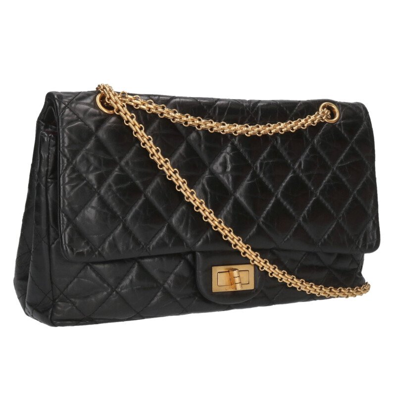 シャネル CHANEL　 A37590 2.55 ラージ エイジドカーフスキンWフラップチェーンショルダーバッグ(ブラック×ゴールド)【422152】【SB01】【小物】【中古】bb30#rinkan*B