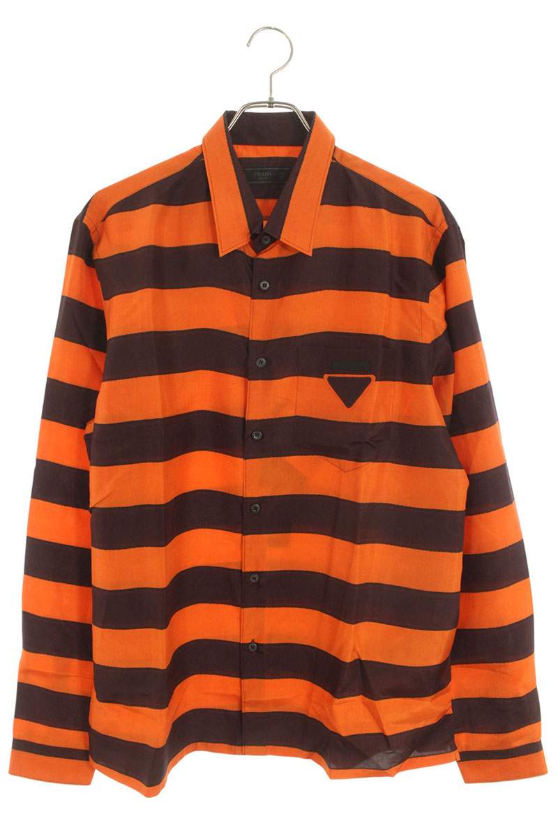 プラダ PRADA　サイズ:43 UCN425 トライアングルストライプシルク長袖シャツ(オレンジ&times;ブラウン調)【401062】【SB01】【メンズ】【中古】bb30#rinkan*S｜RINKAN