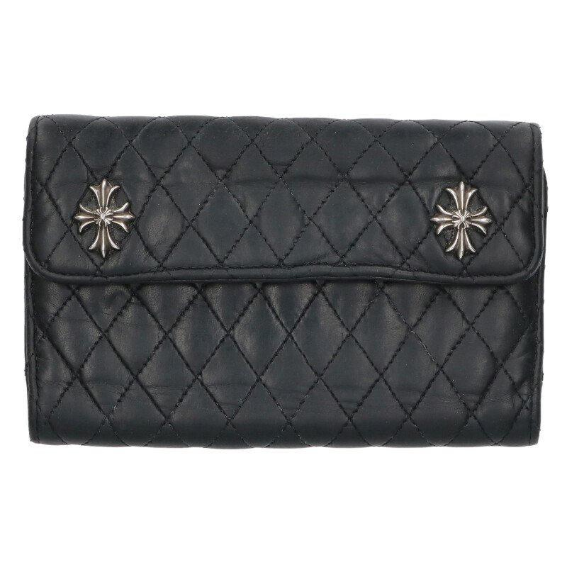 クロムハーツ Chrome Hearts   WAVE4 QLT 3SNP #4ウェーブキルティングレザーウォレット長金入れ(黒いこと)【032152】【NO05】【小物】【中古】bb297#rinkan*B