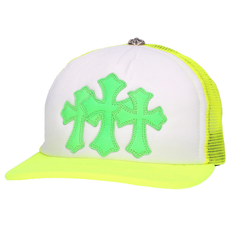 クロムハーツ Chrome Hearts サイズ:ONE SIZE TRUCKER CAP 3セメタリーレザーパッチクロスボール付メッシュ帽子(イエロー×ホワイト)【401062】【SJ02】【小物】【中古】bb412#rinkan*A |RINKAN