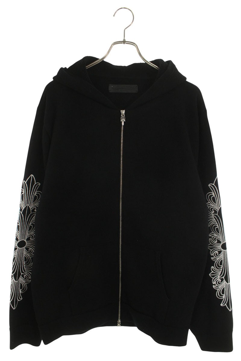 クロムハーツ Chrome Hearts　 サイズ:XL U LIFE SENTENCE 袖フローラル刺繍カシミアジップアップパーカー(ブラック×シルバー)【701062】【GZ11】【メンズ】【中古】bb437#rinkan*S