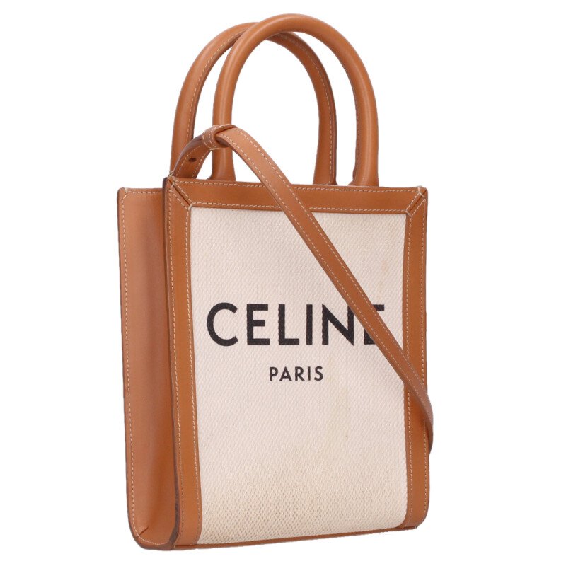 セリーヌ CELINE   ミニ バーティカルカバ 2WAYロゴプリントキャンバスレザーショルダーハンドバッグ(象牙色×赤銅色)【106062】【BS99】【小物】【中古】bb398#rinkan*C