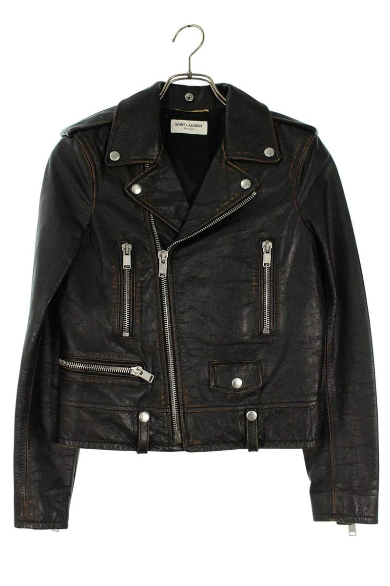 サンローランパリ SAINT LAURENT PARIS　 サイズ:F36 483855 Y5RD2 バックプリントヴィンテージ加工ライダースレザージャケット(ブラック×レッド)【011062】【BS99】【レディース】【中古】bb384#rinkan*B