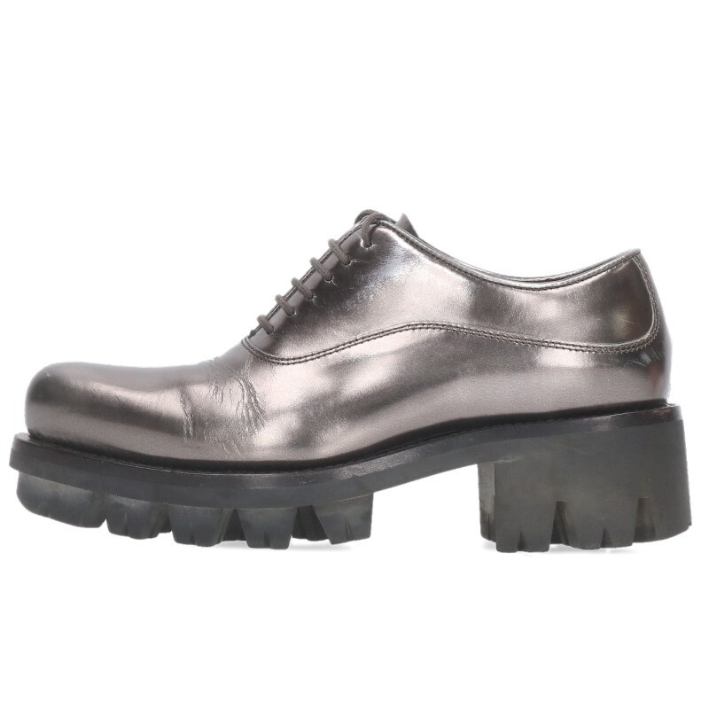 プラダ PRADA サイズ:35 メタリックレザーレースアップシューズ(シルバー×ブラック)【611062】【BS99】【レディース】【小物】【中古】bb51#rinkan*B