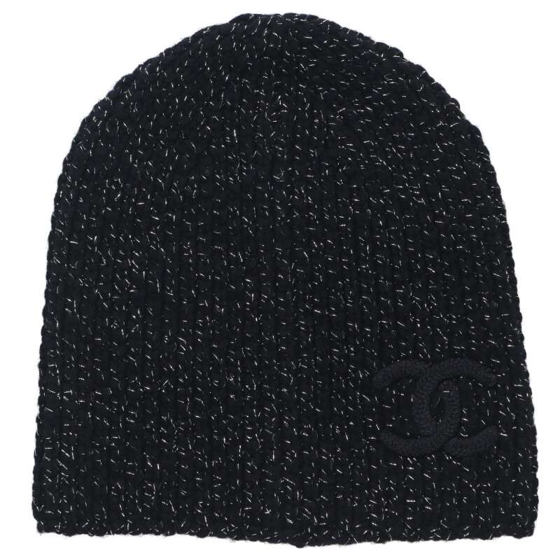 シャネル CHANEL   AAB710 ココマーク刺しゅうカシミール メタリックファイバービーニー(黒いこと×しろがね色)【211062】【BS55】【小物】【中古】bb328#rinkan*A