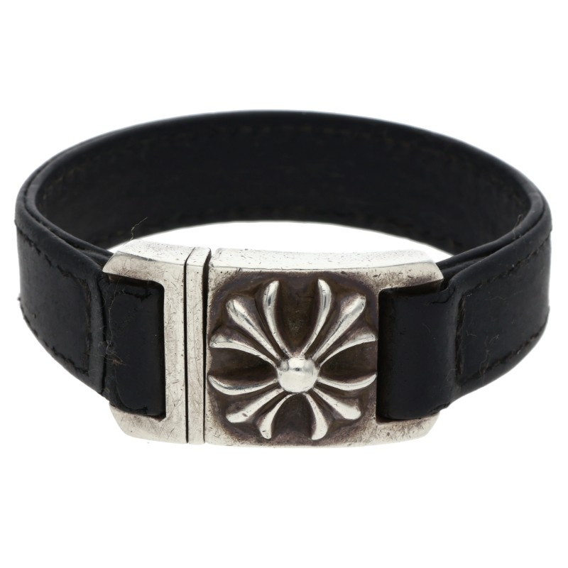 クロムハーツ Chrome Hearts　 サイズ:7 HARNESS CLASP ハーネスクラスプ レザーブレスレット(ブラック×シルバー 総重量38.37g)【521062】【NO05】【小物】【中古】bb209#rinkan*B