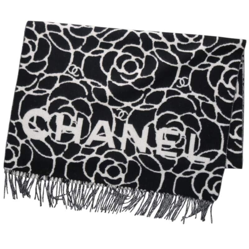 シャネル CHANEL  カメリアロゴマフラー(黒いこと×白いこと)【311062】【BS55】【小物】【中古】bb379#rinkan*S