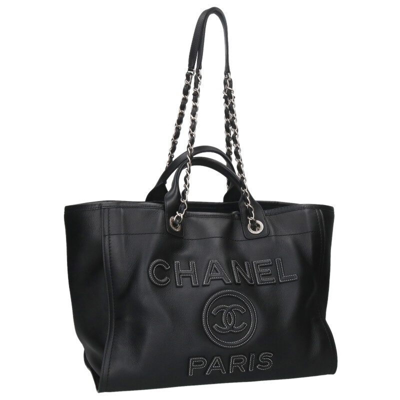 シャネル CHANEL 大きさ:MM  ドーヴィルMM ココマーク2WAYなめし革ハンドバック(黒いこと×しろがね色)【911062】【GZ14】【小物】【中古】bb448#rinkan*B
