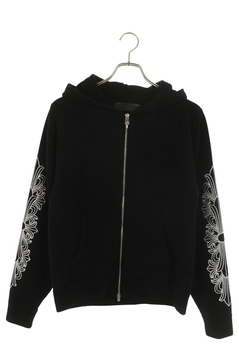 クロムハーツ Chrome Hearts　 サイズ:XS 袖フローラルカシミアジップアップパーカー(ブラック×シルバー)【021062】【GZ11】【メンズ】【中古】bb344#rinkan*A