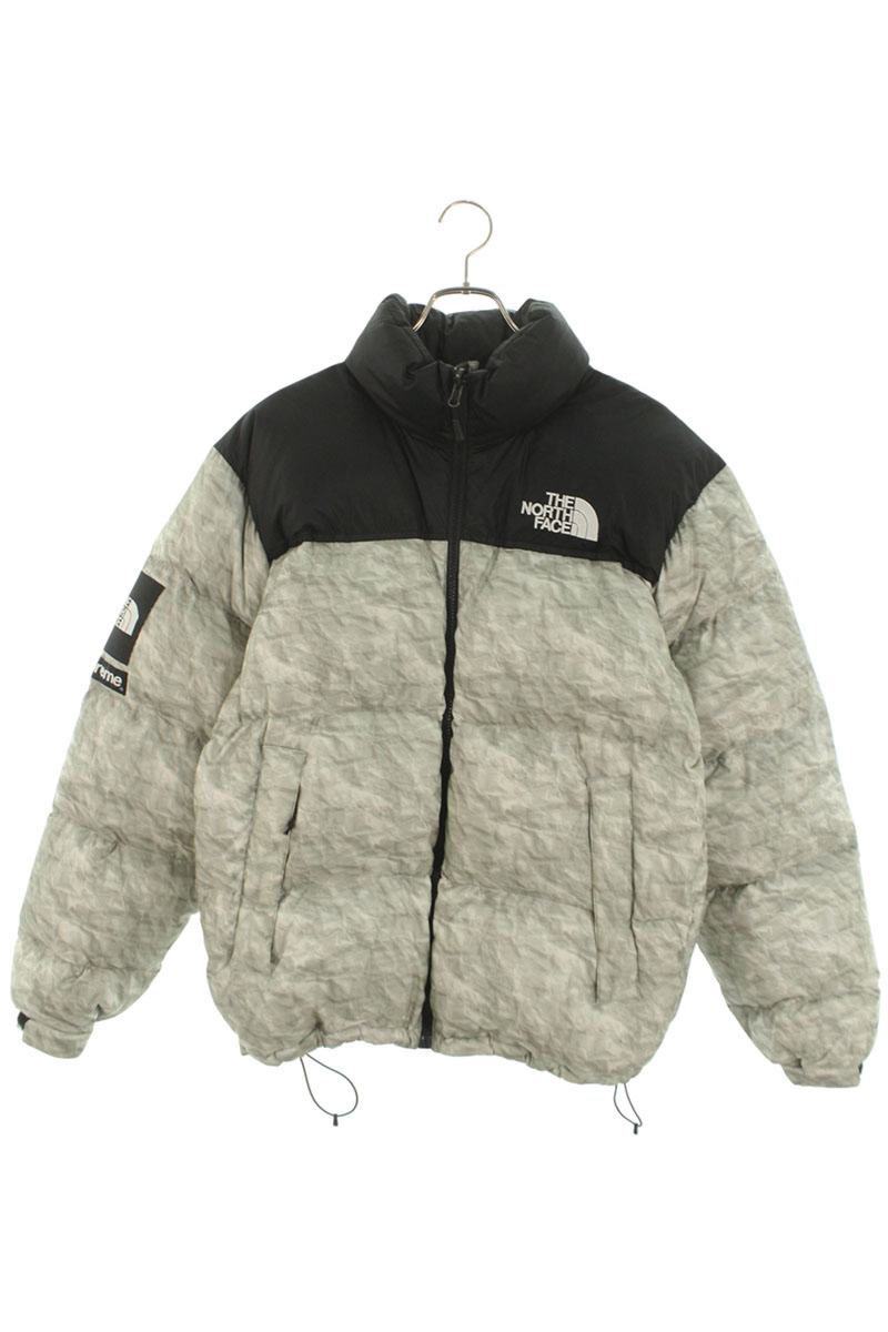 シュプリーム SUPREME　 ×ノースフェイス THE NORTH FACE サイズ:M 19AW Paper Print Nuptse Jacket ペーパープリントヌプシダウンジャケット(グレー×ブラック)【321062】【SB01】【メンズ】【中古】bb344#rinkan*B
