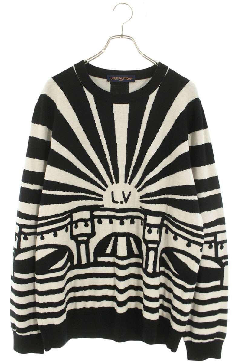 ルイヴィトン LOUISVUITTON サイズ:XXL  24SS  RM241 ZLL HQN88W メリノウールジャカードニット(ホワイト×ブラック)【521062】【OM10】【メンズ】【中古】bb205#rinkan*C