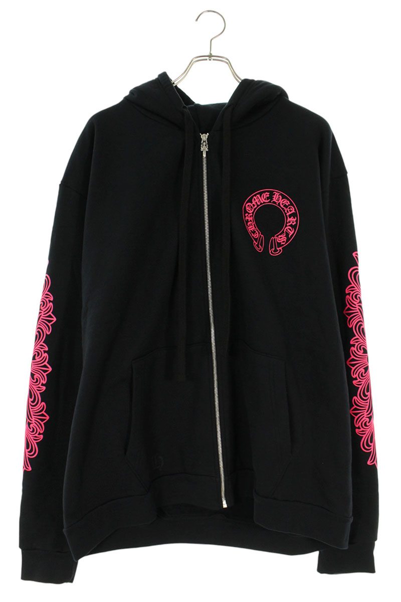 クロムハーツ Chrome Hearts　 サイズ:XL SWTSHRT HD ZIP バックホースシュー袖フローラルプリントジップパーカー(ブラック×ピンク)【821062】【GZ11】【メンズ】【中古】bb448#rinkan*S