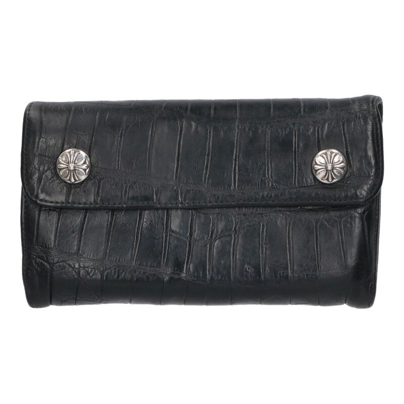 クロムハーツ Chrome Hearts   WAVE ALLIGATOR ウェーブアリゲーター クロスボタンアリゲーターレザーウォレット金入れ(黒いこと)【821062】【SJ02】【小物】【中古】bb17#rinkan*B