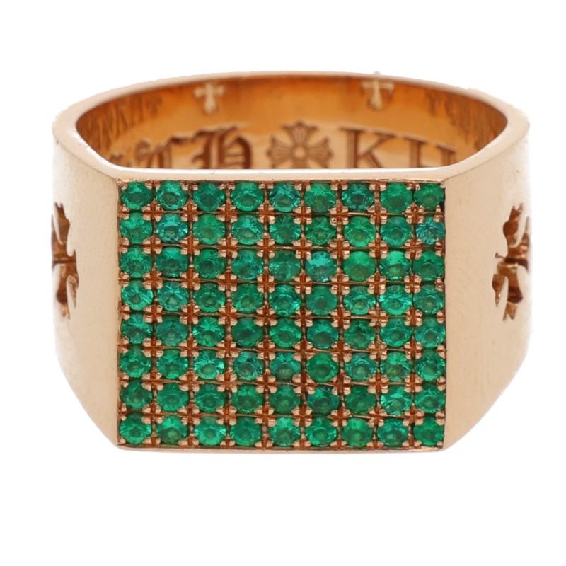クロムハーツ Chrome Hearts　 サイズ:14号 22K CIGAR BAND RING PAVE シガーバンド PAVEエメラルド ゴールドリング(イエローゴールド×グリーン 12.66g)【921062】【SJ02】【小物】【中古】bb339#rinkan*B