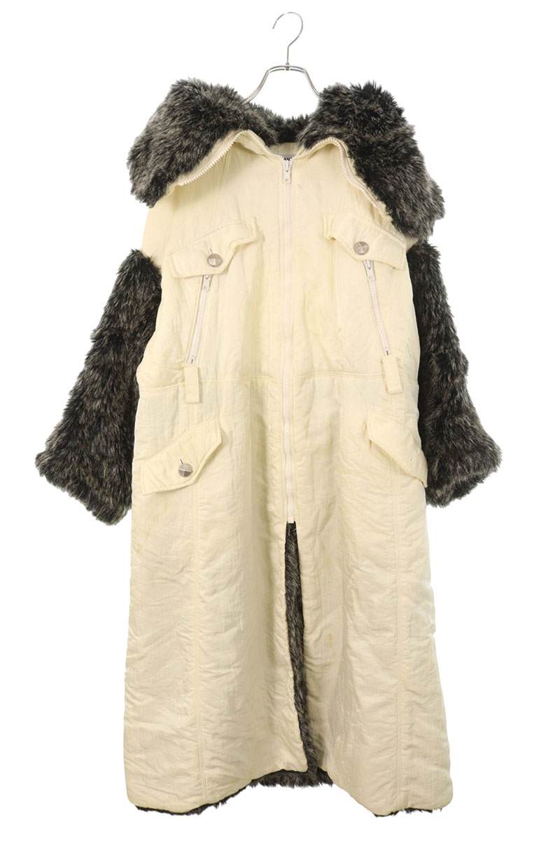 イッセイミヤケ ISSEY MIYAKE　 サイズ:L ナイロンファーコート(オフホワイト×ベージュ)【102062】【BS99】【レディース】【中古】bb455#rinkan*C
