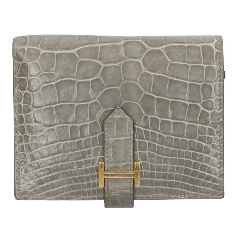 エルメス HERMES   ベアンコンパクト W目じるし G金具アリゲーターマットレザー金入れ(薄墨色×ゴールド)【402062】【SS13】【小物】【中古】bb17#rinkan*B