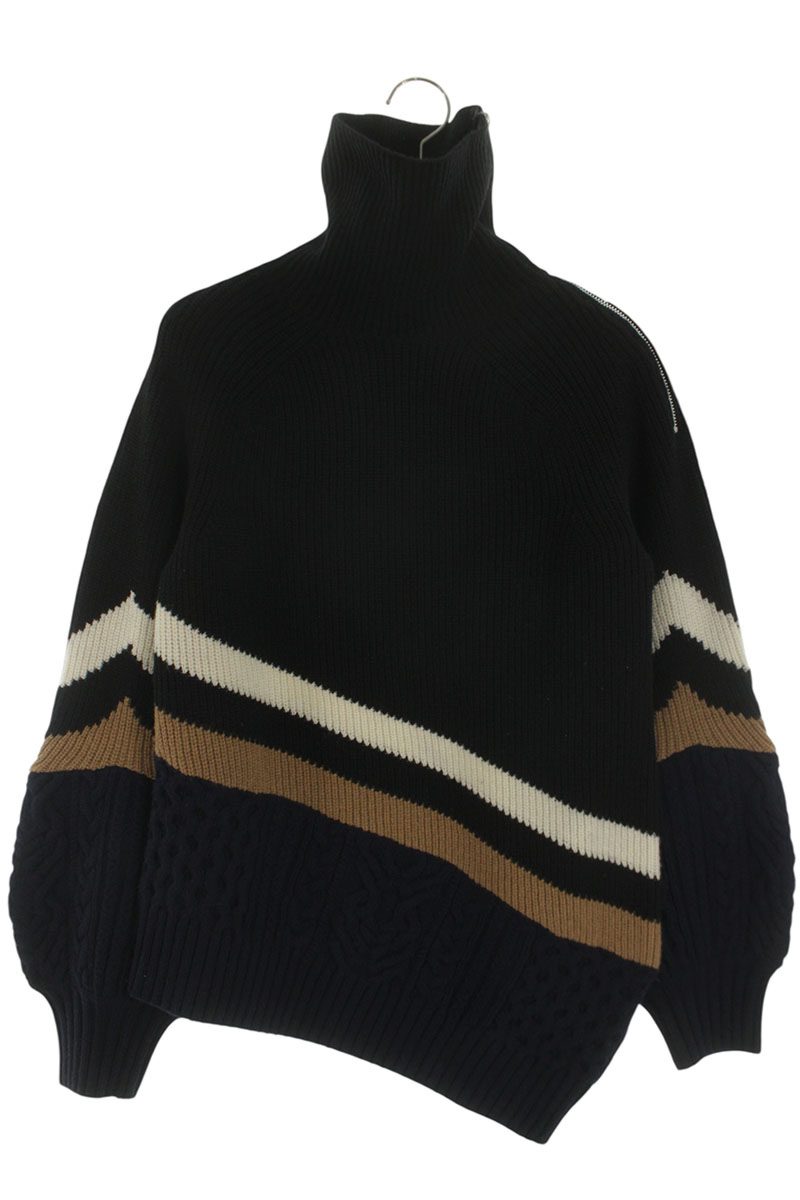 サカイ Sacai　 サイズ:1 19-04632 アシンメトリーハイネックプルオーバーニット(ブラック×ネイビー×ブラウン)【012062】【BS99】【レディース】【中古】bb187#rinkan*B