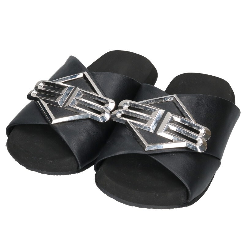 バレンシアガ BALENCIAGA 大きさ:40  SUNSET FLAT MULE ロゴプレートスライドサンダル(黒いこと×しろがね色)【103062】【BS99】【メンズ】【小物】【中古】bb310#rinkan*B