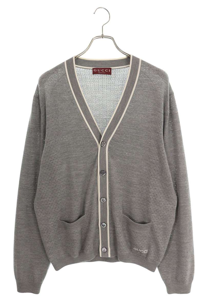 グッチ GUCCI サイズ:XXL 834072 XKESP Vネックパンチングカーディガン(グレー)【612062】【BS55】【メンズ】【中古】bb51#rinkan*B|RINKAN