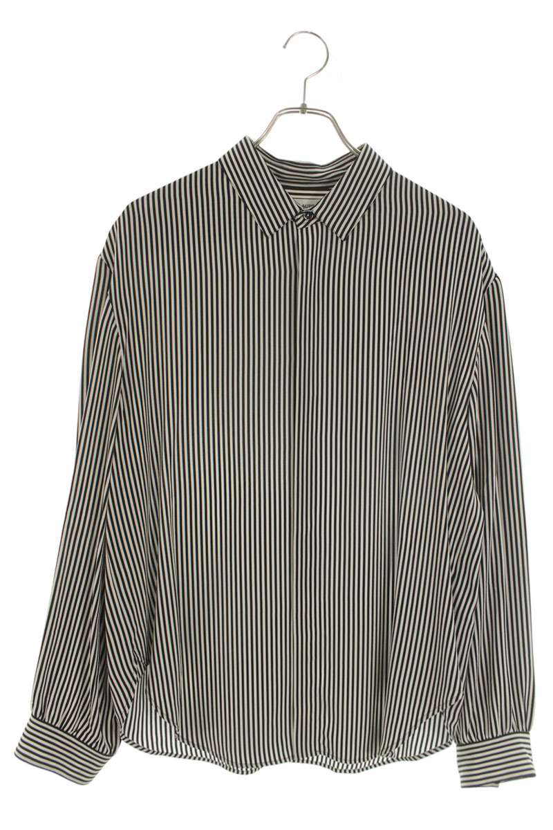 サンローランパリ SAINT LAURENT PARIS　 サイズ:37 680495 Y2E11 ストライプシルク長袖シャツ(ホワイト×ブラック)【103062】【BS99】【メンズ】【中古】bb389#rinkan*C