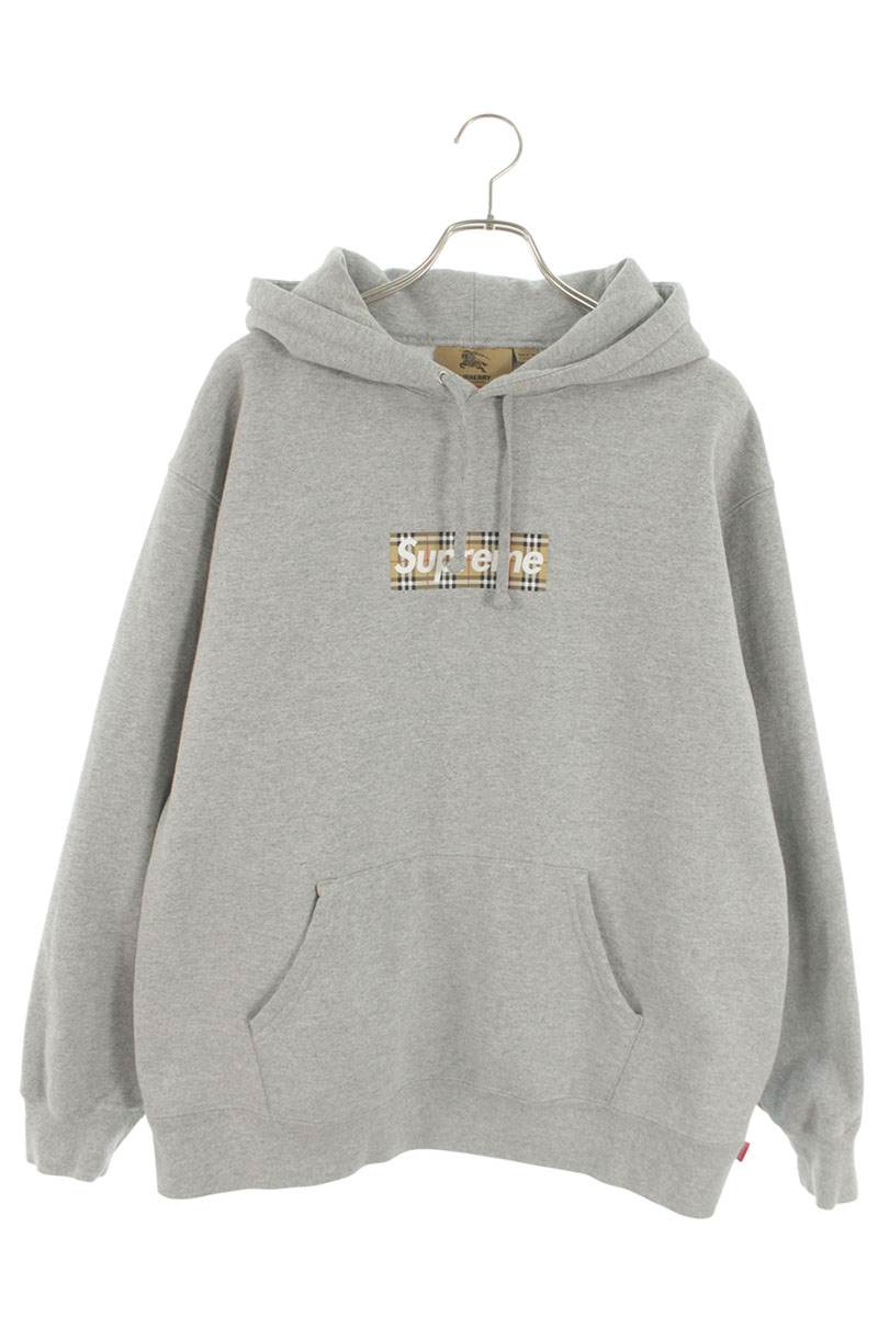 シュプリーム SUPREME　 ×バーバリー Burberry サイズ:L Burberry Box Logo Hooded Sweatshirt バーバリーボックスロゴパーカー(グレー)【412062】【SB01】【メンズ】【中古】bb453#rinkan*B