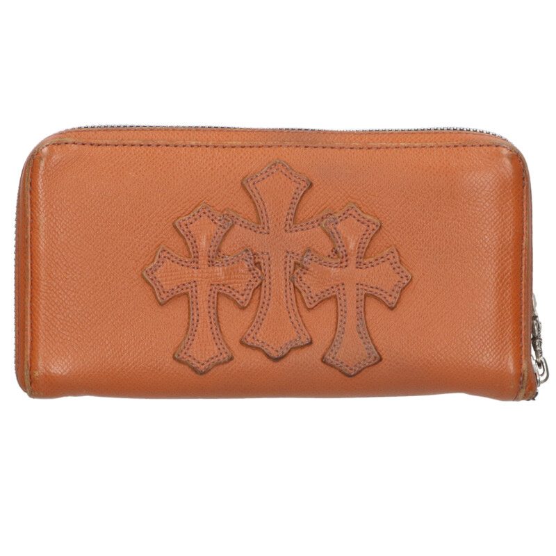 クロムハーツ Chrome Hearts   REC F ZIP 3クロスラウンドジップレザーウォレット金入れ(赤銅色×しろがね色)【612062】【SJ02】【小物】【中古】bb467#rinkan*B