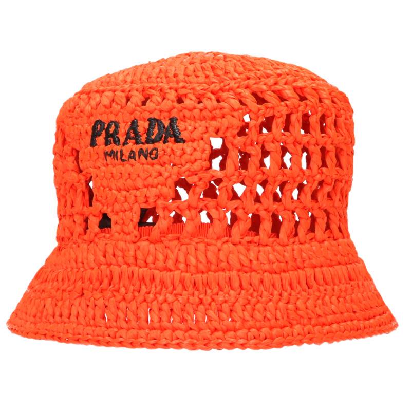 プラダ PRADA 大きさ:M  1HC137 ラフィアストローバケットハット(オレンジ色)【403062】【BS99】【小物】【中古】bb384#rinkan*A