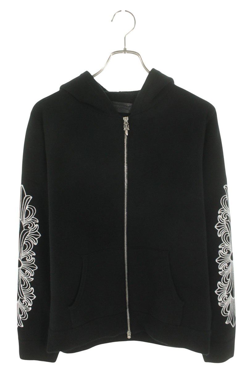 クロムハーツ Chrome Hearts 大きさ:S  U LIFE SENTENCE 袖フローラル刺しゅうカシミアジップアップパーカー(黒いこと×白いこと)【912062】【SJ02】【メンズ】【中古】bb17#rinkan*S