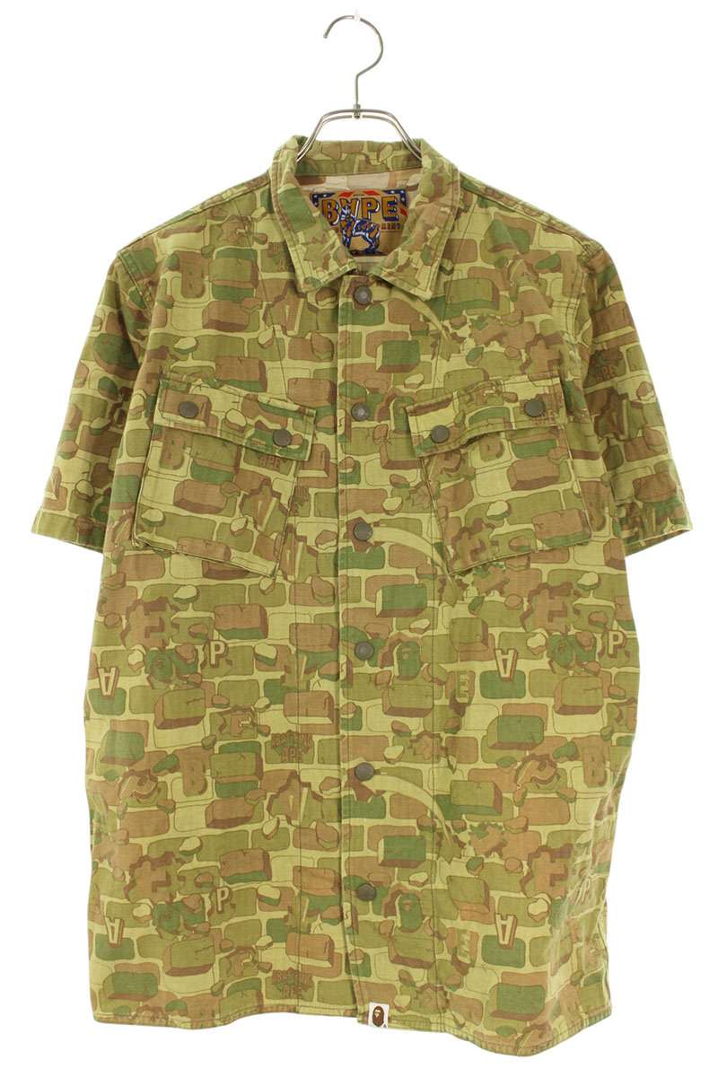 アベイシングエイプ A BATHING APE　サイズ:L 001SH0101034X カモ柄コットン半袖シャツ(グリーン調)【122062】【BS99】【メンズ】【中古】bb455#rinkan*B｜RINKAN