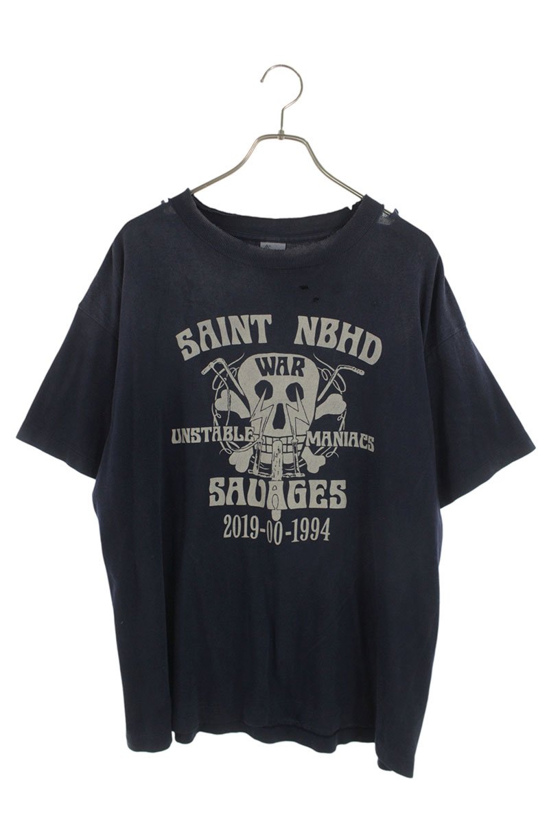 セントマイケル SAINT MICHAEL ×ネイバーフッド NEIGHBORHOOD サイズ:M  SM-HR8-0000-C71 ヴィンテージ加工クロスボーンTシャツ(ネイビー)【522062】【OM10】【メンズ】【中古】bb428#rinkan*B